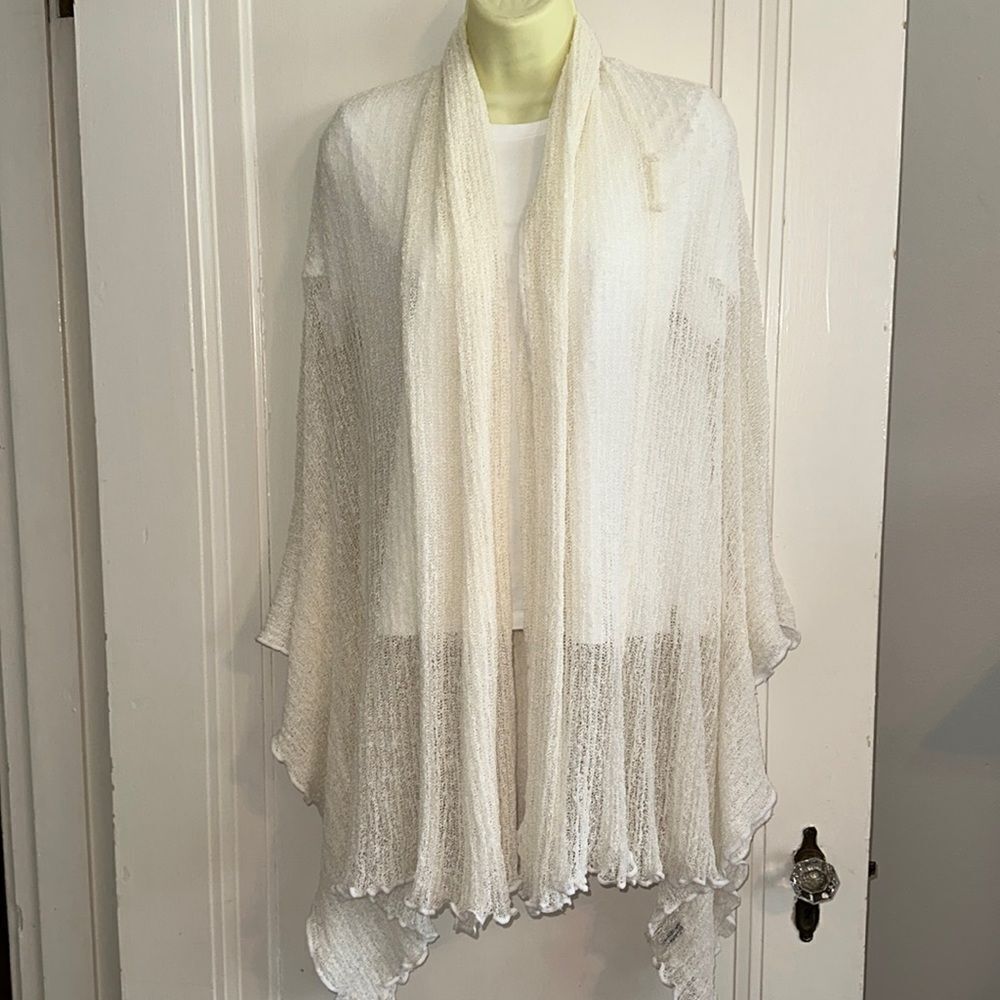 Hilltribe brand off white loose weave very loose sweater or shawl/arm holes
